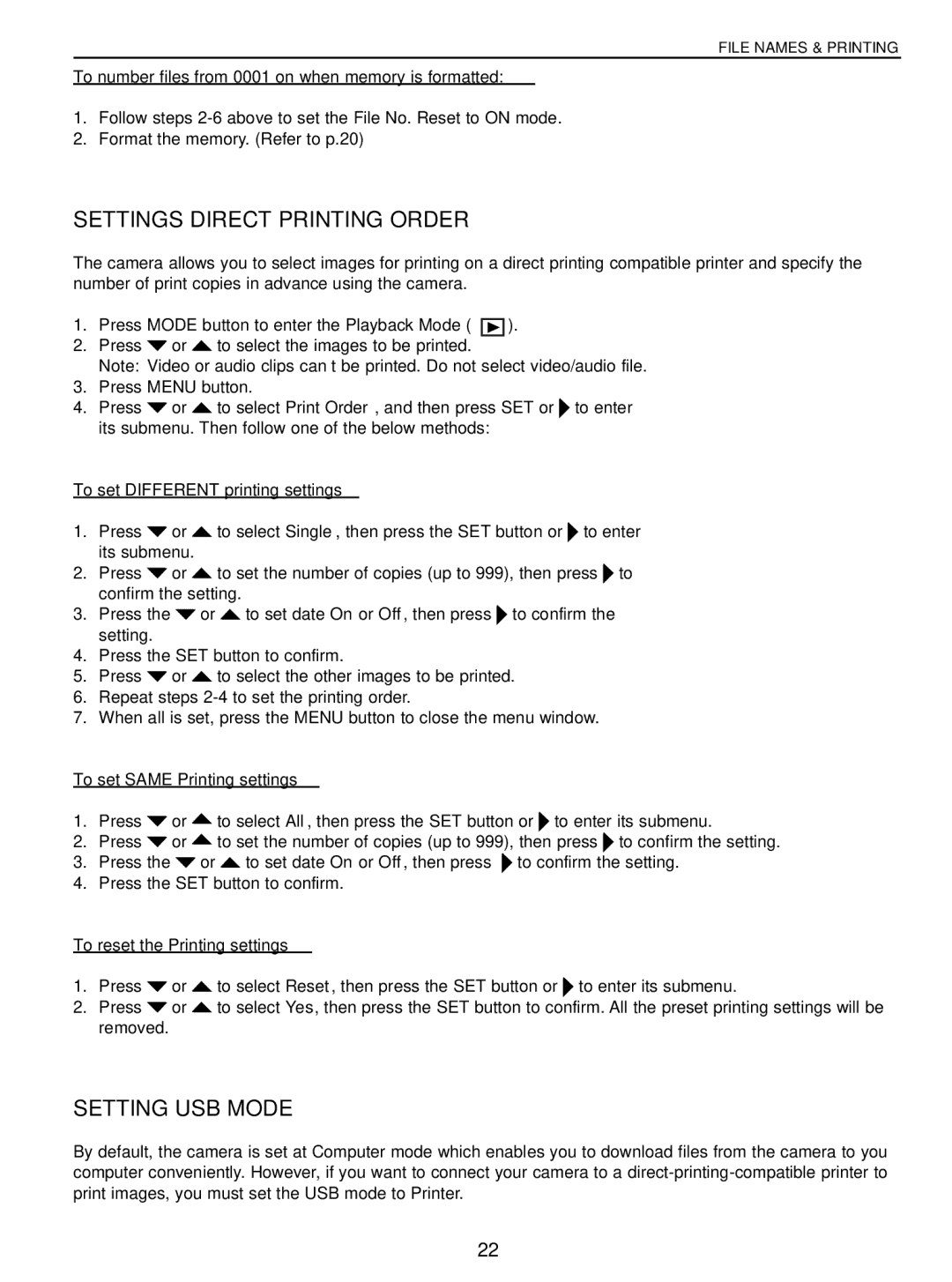 Concord Camera 5040 manual Settings Direct Printing Order, Setting USB Mode 