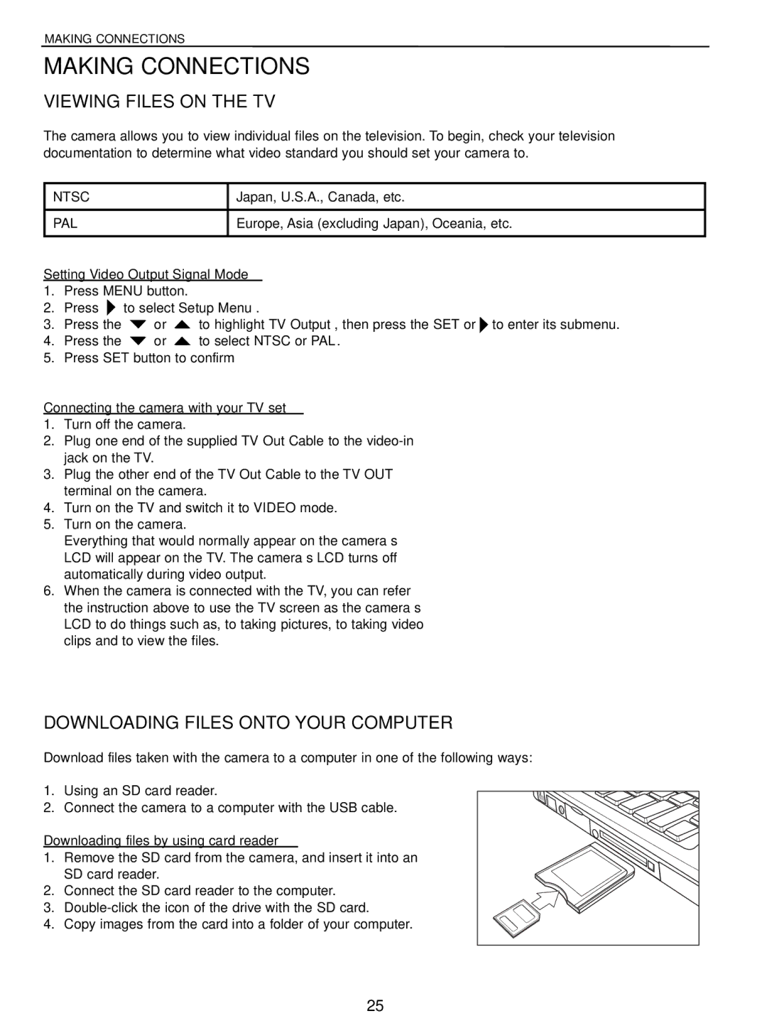 Concord Camera 5040 manual Making Connections, Viewing Files on the TV, Downloading Files Onto Your Computer 