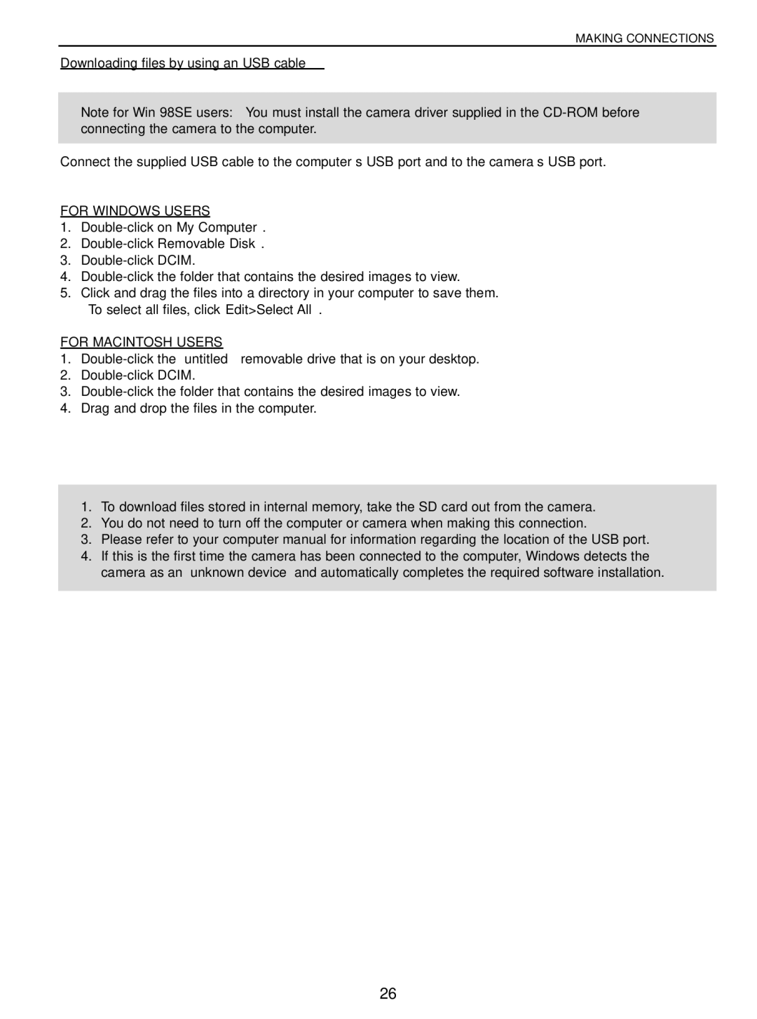 Concord Camera 5040 manual Downloading files by using an USB cable, For Windows Users 