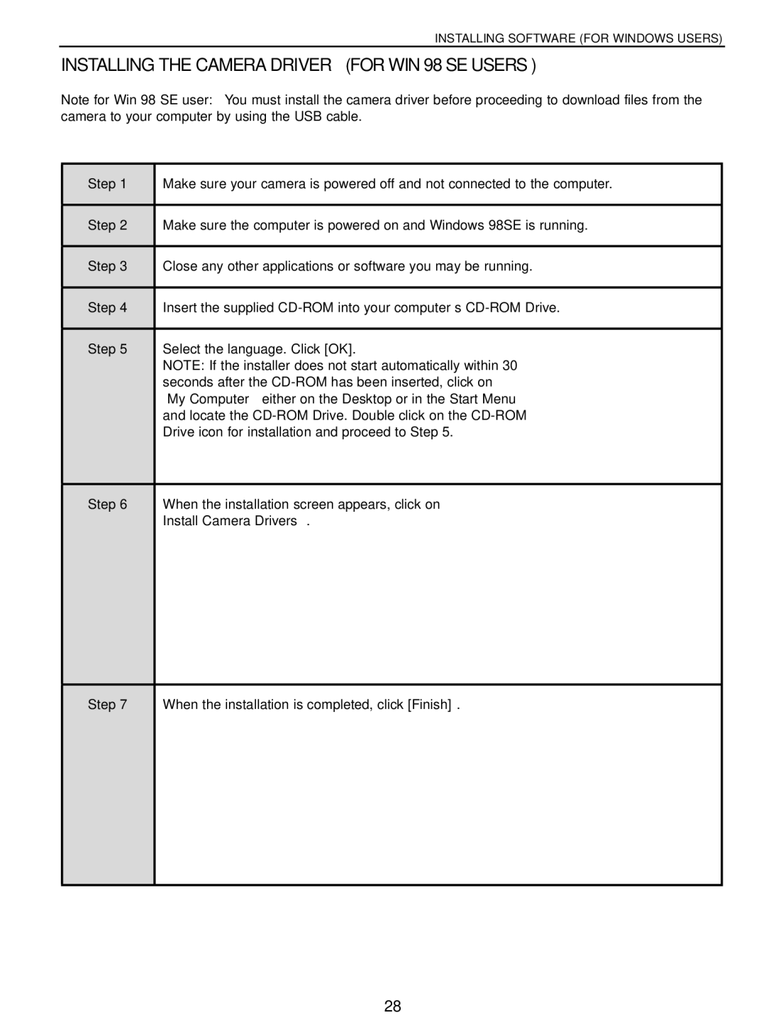 Concord Camera 5040 manual Installing the Camera Driver for WIN 98 SE Users, Step 