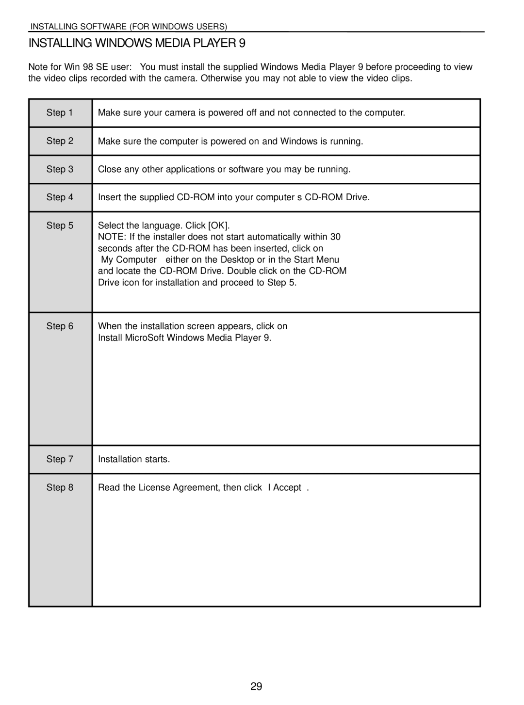 Concord Camera 5040 manual Installing Windows Media Player, Install MicroSoft Windows Media Player 