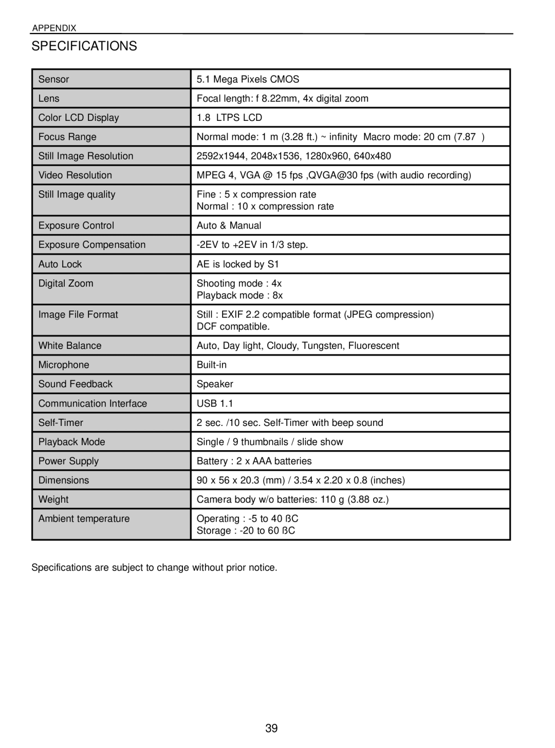 Concord Camera 5040 manual Specifications 