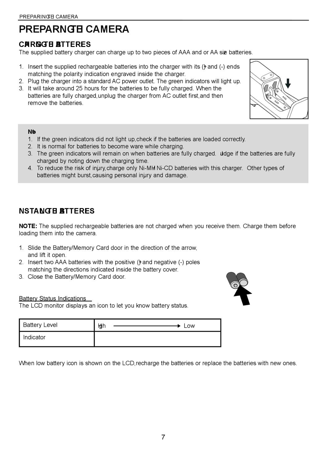 Concord Camera 5040 Preparing the Camera, Charging the Batteries, Installing the Batteries, Battery Status Indications 
