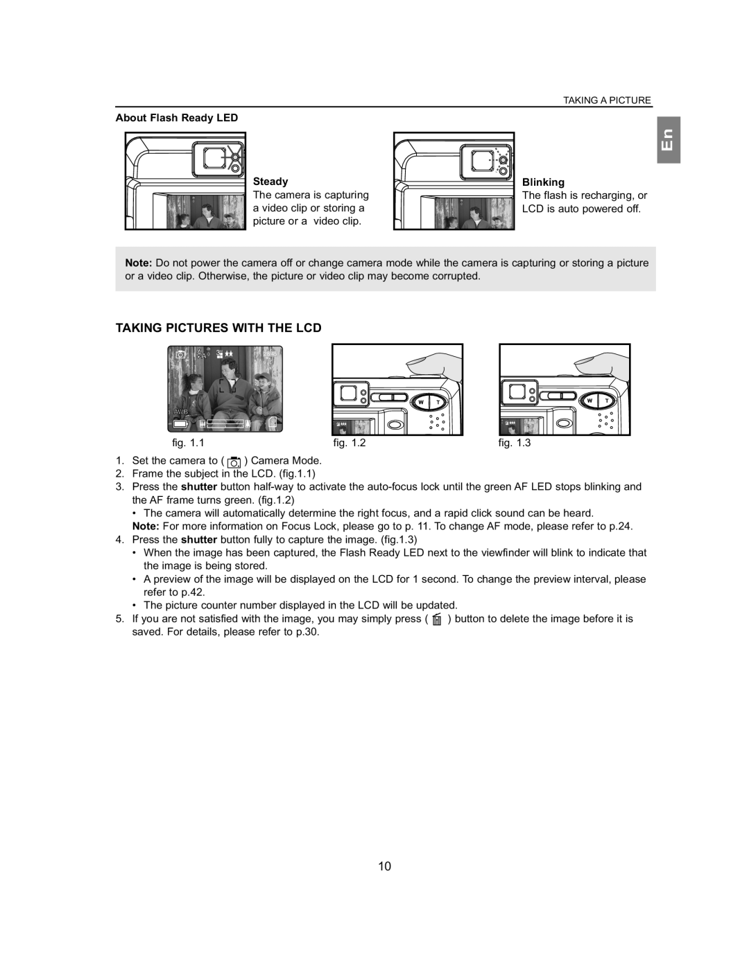 Concord Camera 5062AF, 4062AF manual Taking Pictures with the LCD, About Flash Ready LED Steady, Blinking 