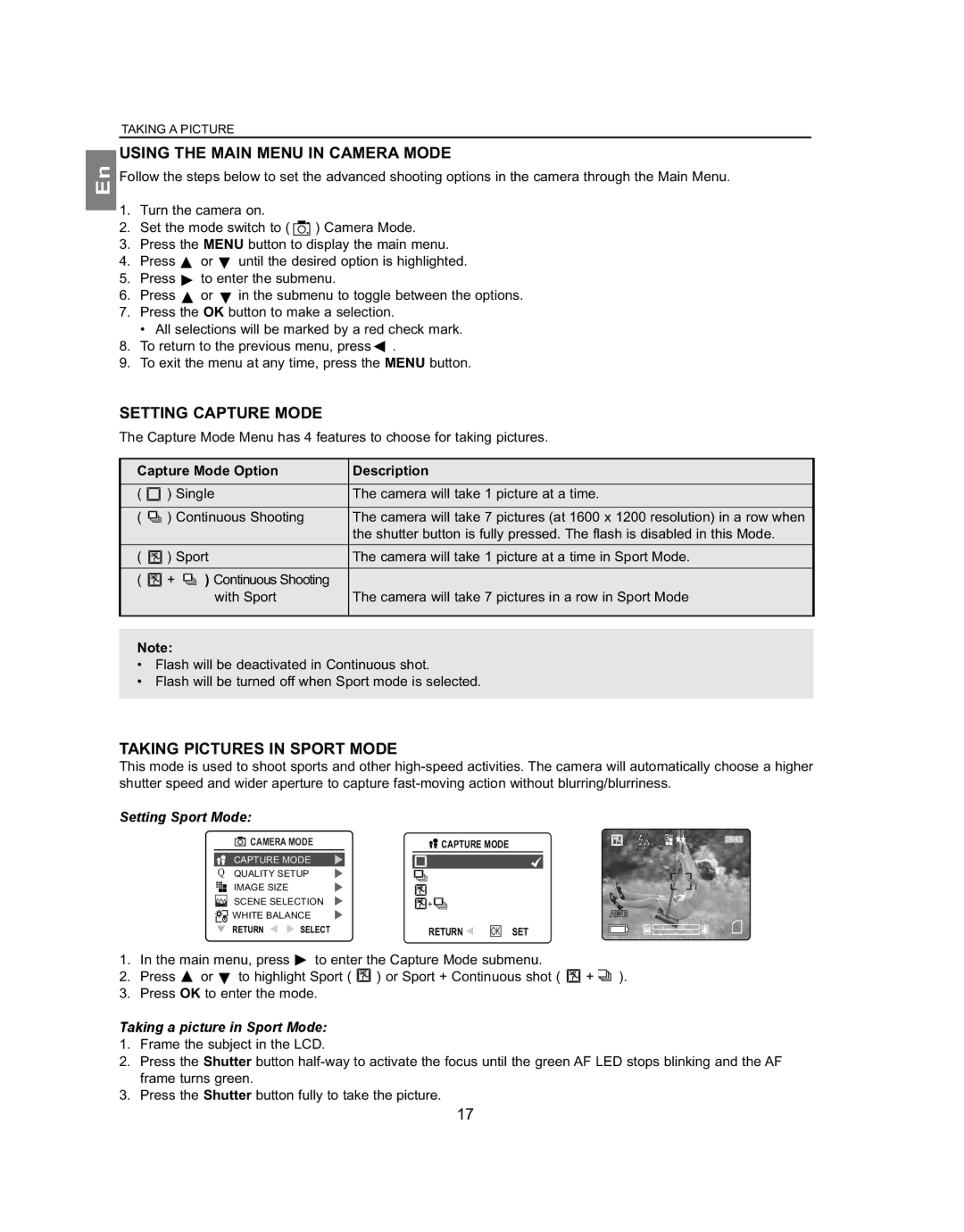 Concord Camera 4062AF, 5062AF manual Setting Capture Mode, Taking Pictures in Sport Mode, Capture Mode Option Description 