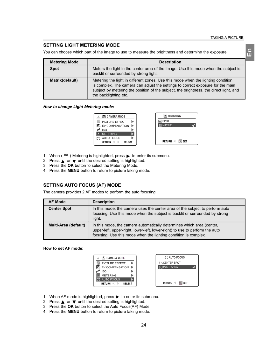 Concord Camera 5062AF, 4062AF Setting Light Metering Mode, Setting Auto Focus AF Mode, How to change Light Metering mode 