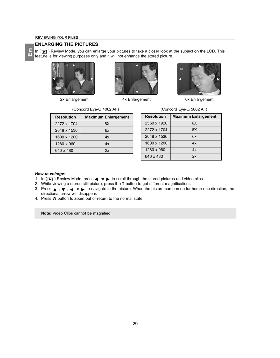 Concord Camera 4062AF, 5062AF manual Enlarging the Pictures, Resolution Maximum Enlargement, How to enlarge 