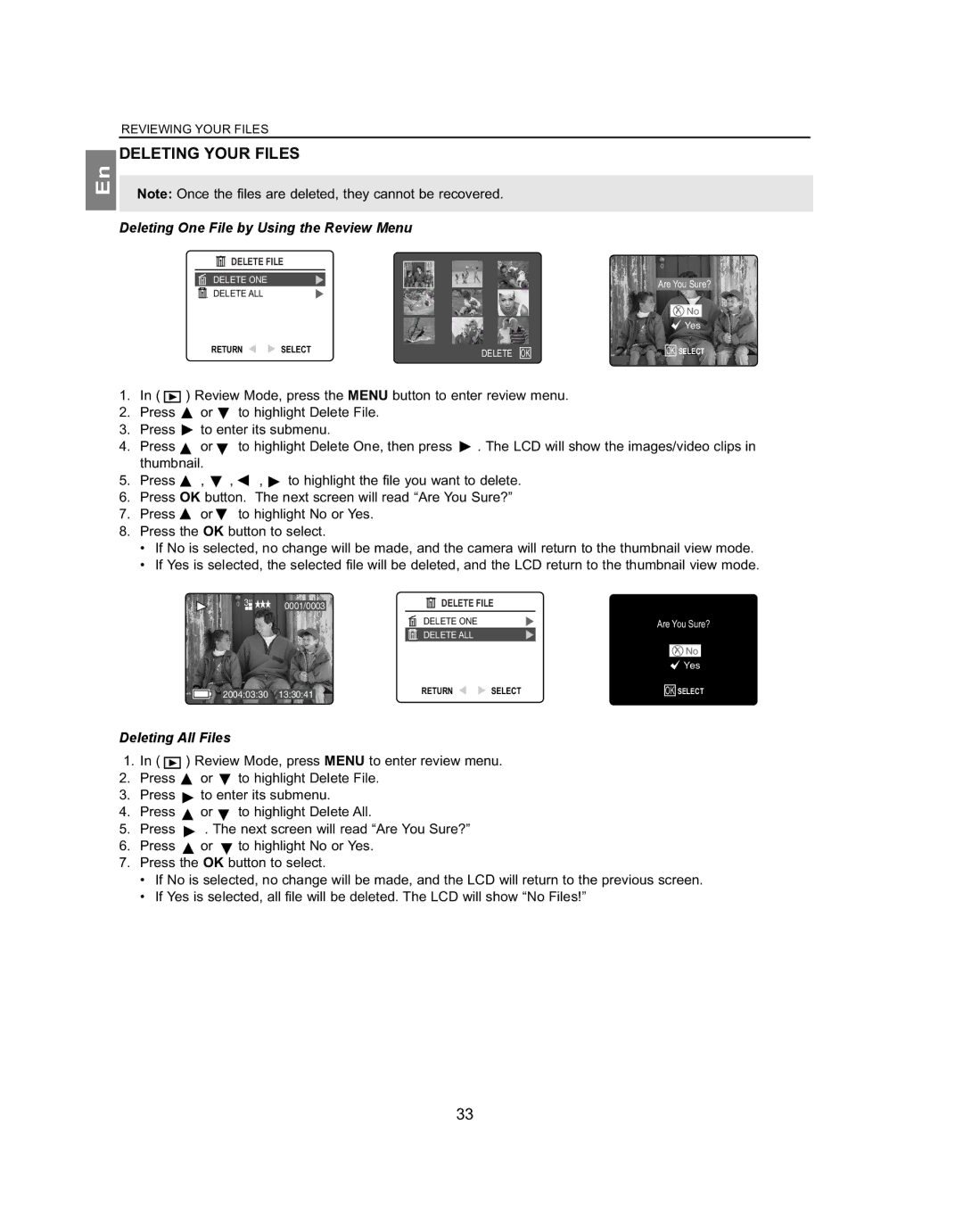 Concord Camera 4062AF, 5062AF manual Deleting Your Files, Deleting One File by Using the Review Menu, Deleting All Files 