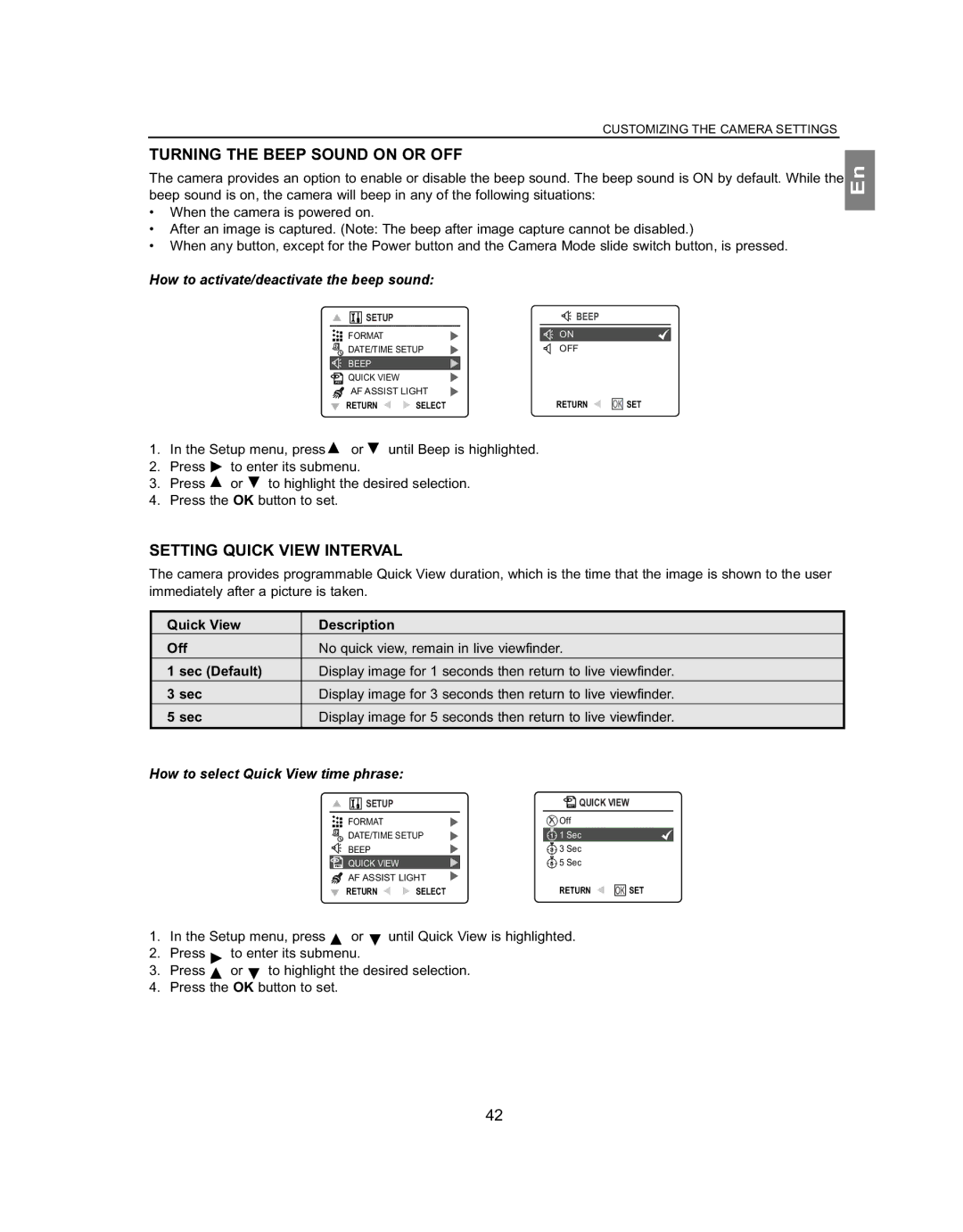 Concord Camera 5062AF Turning the Beep Sound on or OFF, Setting Quick View Interval, How to select Quick View time phrase 