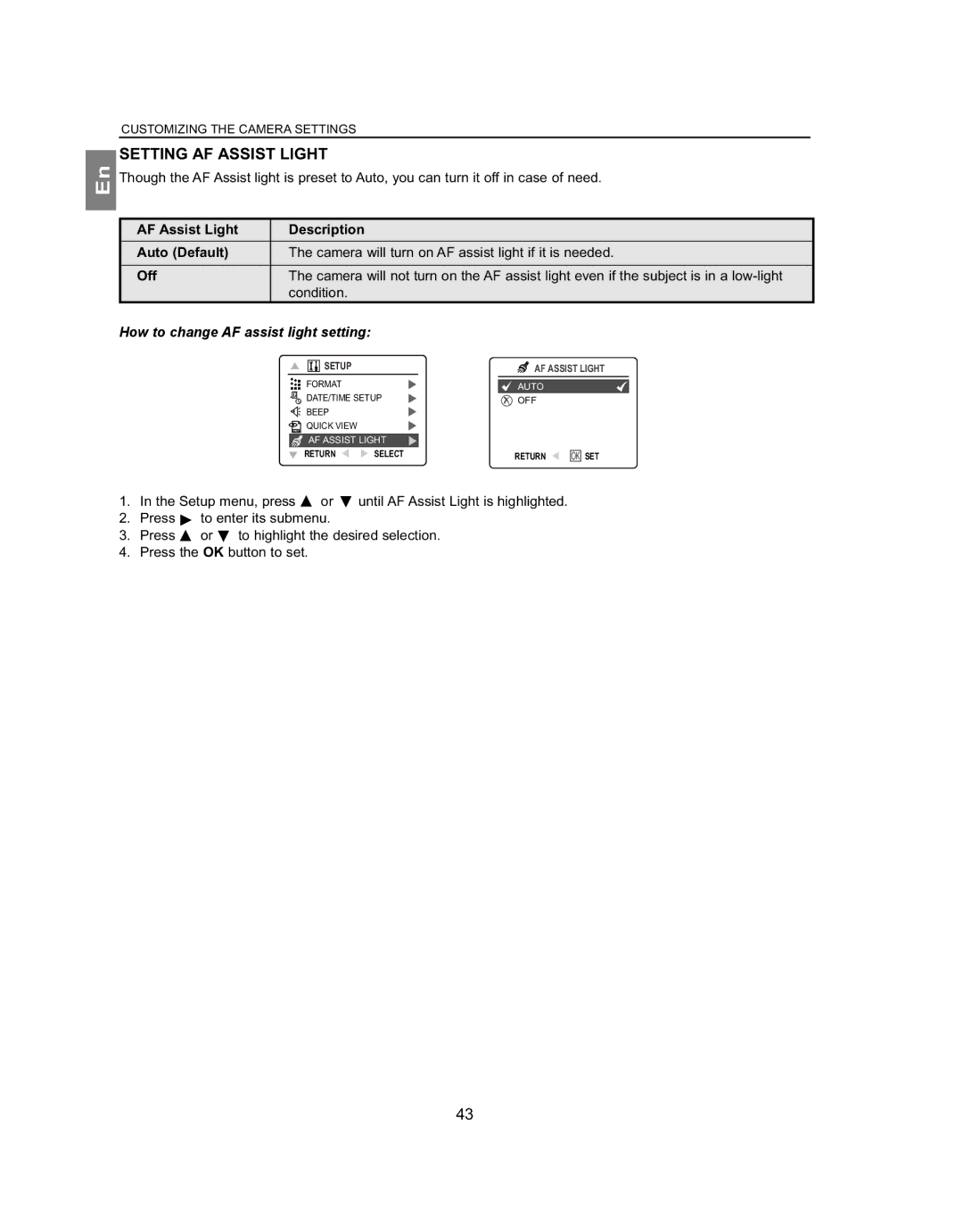 Concord Camera 4062AF, 5062AF manual Setting AF Assist Light, Condition, How to change AF assist light setting 