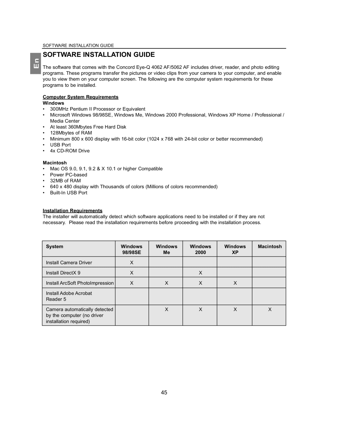 Concord Camera 4062AF, 5062AF manual Software Installation Guide, Computer System Requirements Windows, Macintosh 