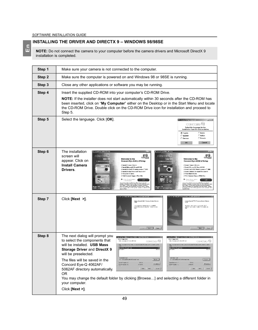 Concord Camera 4062AF, 5062AF manual Installing the Driver and Directx 9 Windows 98/98SE, Step, Drivers, Click Next 