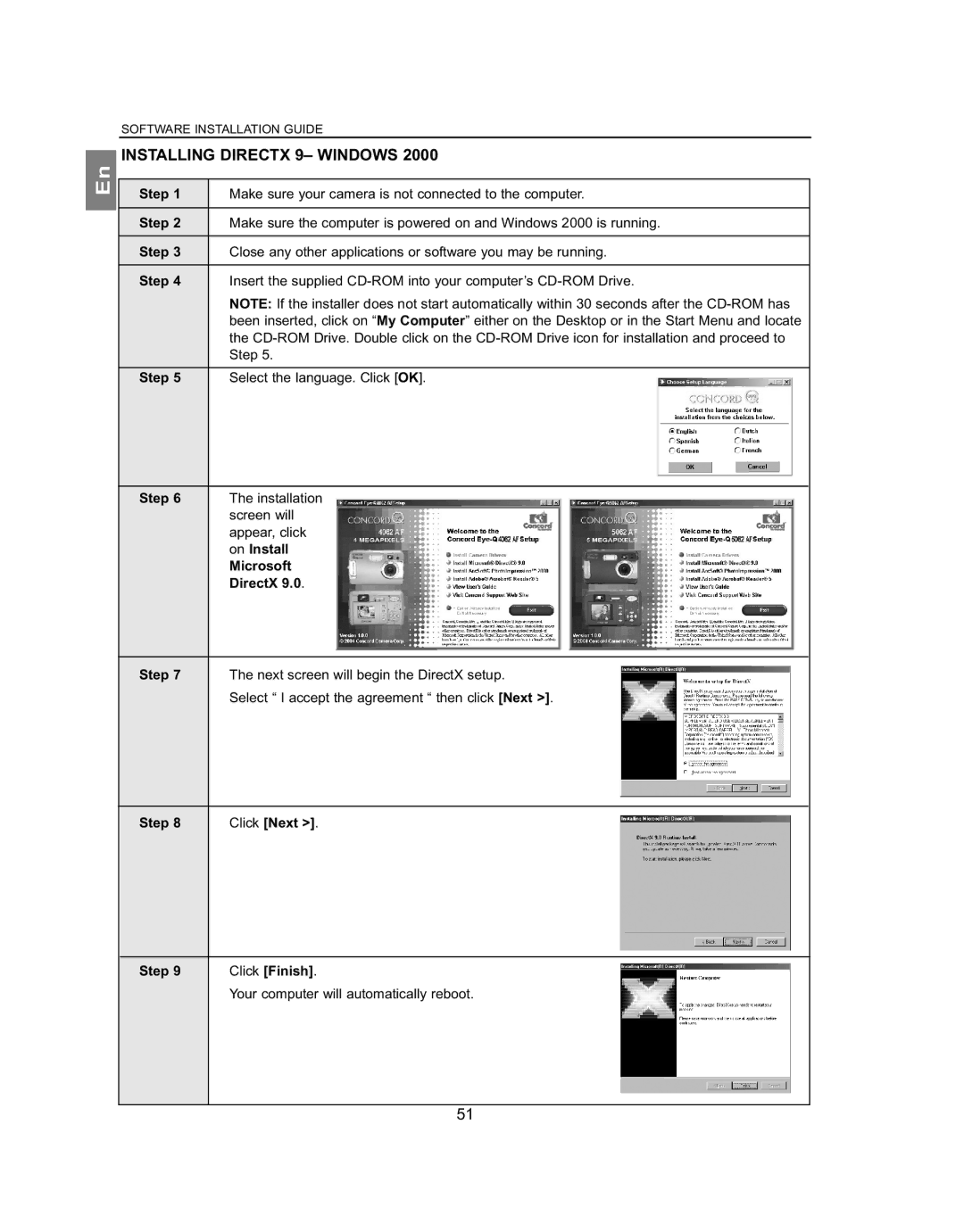 Concord Camera 4062AF manual Installing Directx 9- Windows, On Install Microsoft DirectX Step, Step Click Next Click Finish 