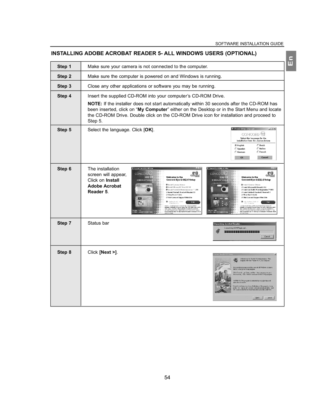 Concord Camera 5062AF, 4062AF manual Adobe Acrobat Reader Step, Step Click Next 