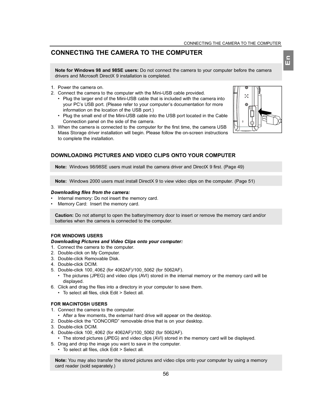 Concord Camera 5062AF manual Connecting the Camera to the Computer, Downloading Pictures and Video Clips Onto Your Computer 