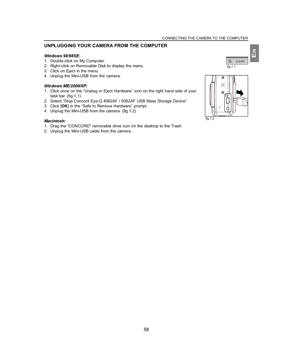 Concord Camera 5062AF, 4062AF Unplugging Your Camera from the Computer, Windows 98/98SE, Windows ME/2000/XP, Macintosh 