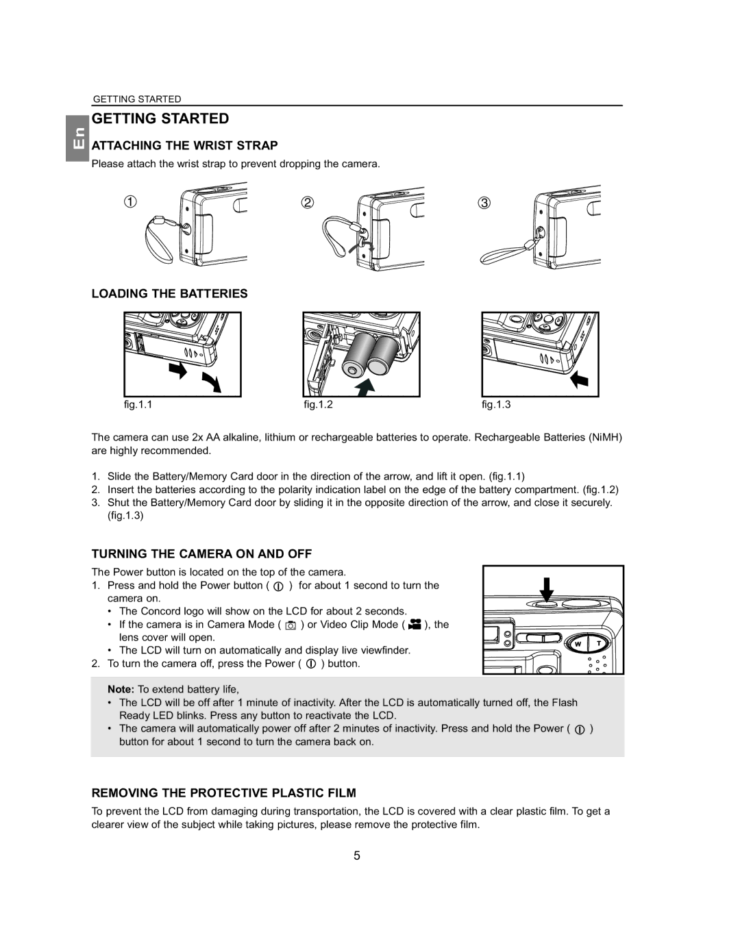 Concord Camera 4062AF Getting Started, Attaching the Wrist Strap, Loading the Batteries, Turning the Camera on and OFF 