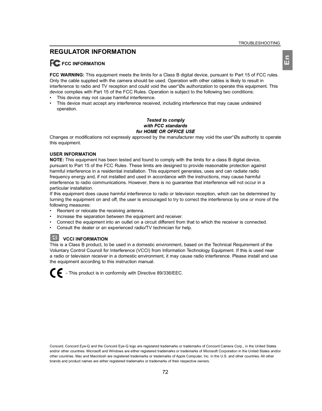 Concord Camera 5062AF Regulator Information, FCC Information, Tested to comply With FCC standards For Home or Office USE 