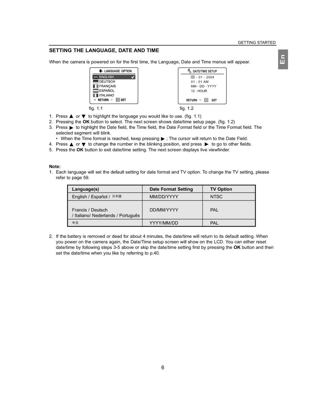 Concord Camera 5062AF, 4062AF manual Setting the LANGUAGE, Date and Time, Languages Date Format Setting TV Option 