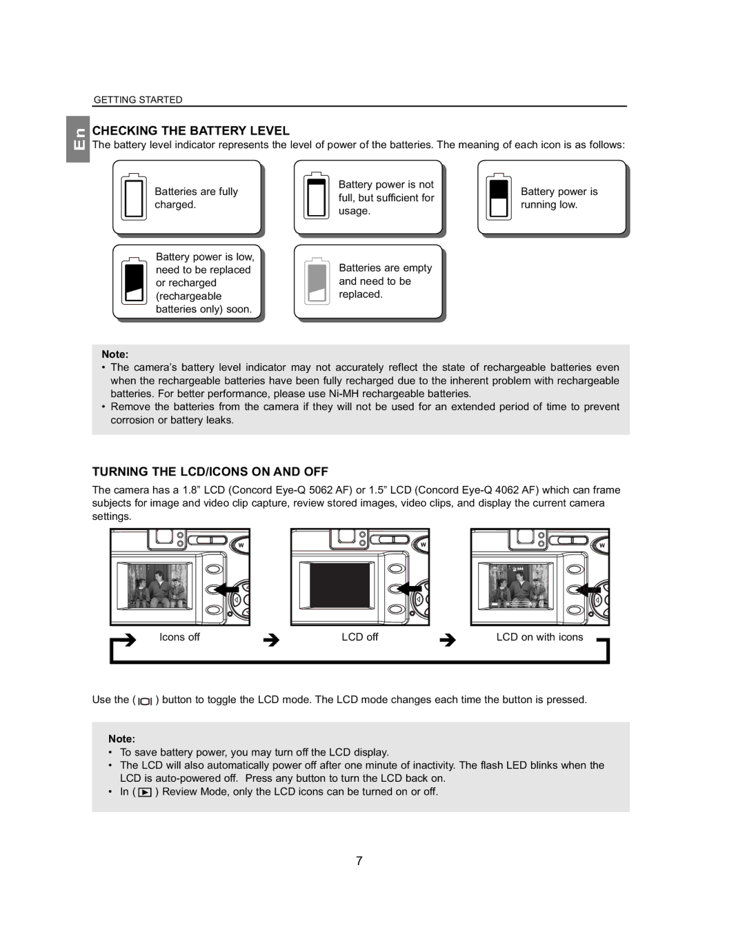 Concord Camera 4062AF, 5062AF manual Checking the Battery Level, Turning the LCD/ICONS on and OFF 