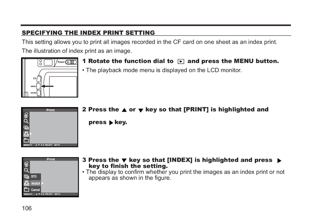 Concord Camera 5330z manual Specifying the Index Print Setting, Rotate the function dial to and press the Menu button 