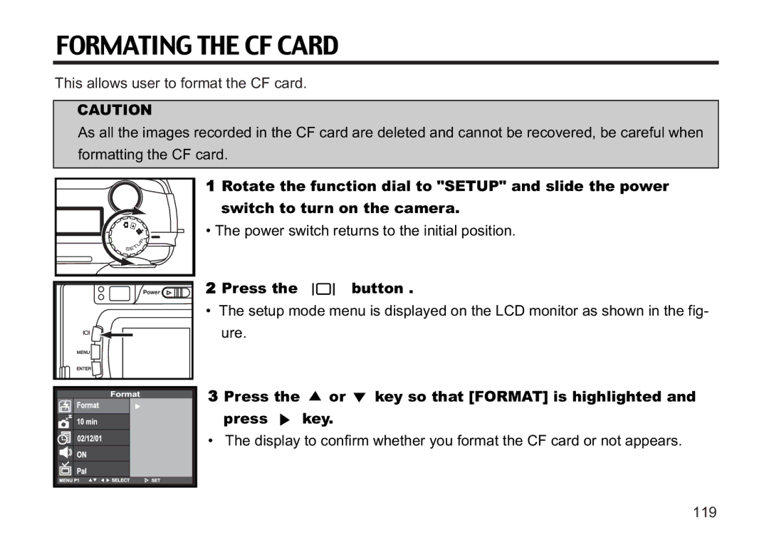 Concord Camera 5330z manual Formating the CF Card, Press the or key so that Format is highlighted Press key 