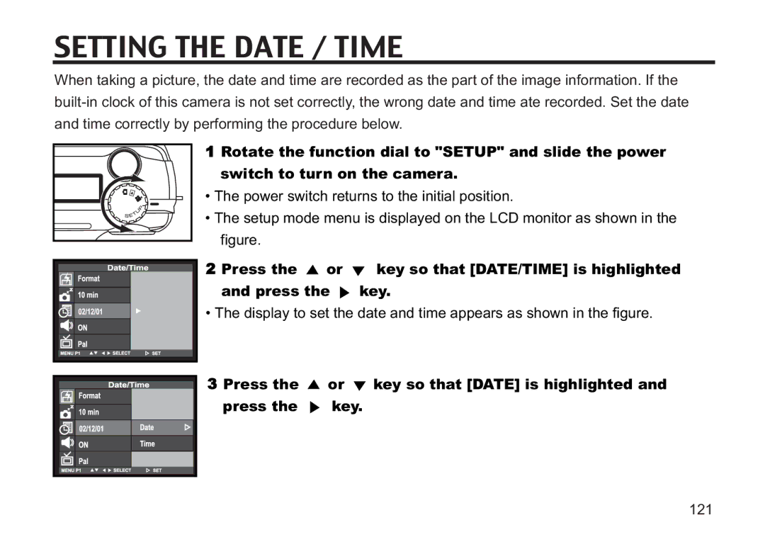 Concord Camera 5330z manual Setting the Date / Time, Press the or key so that Date is highlighted Press the key 