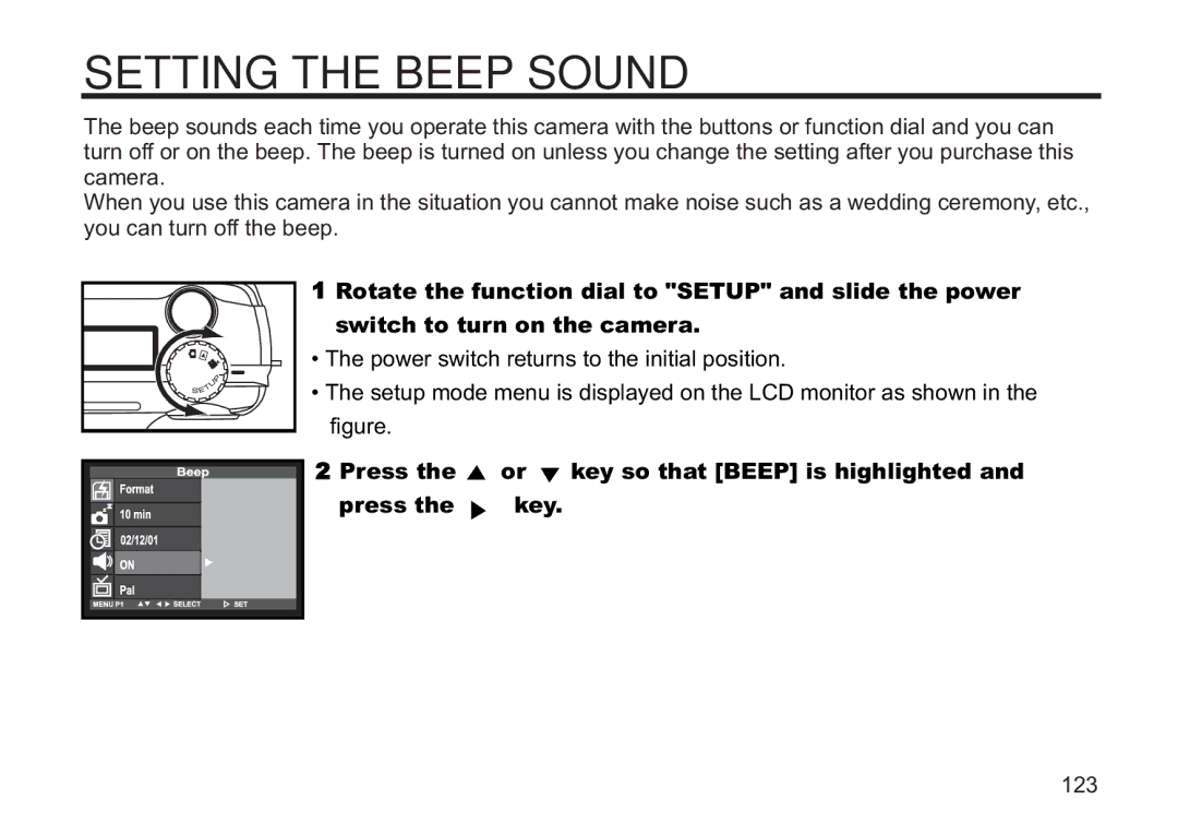 Concord Camera 5330z manual Setting the Beep Sound, Press the or key so that Beep is highlighted Press the key 