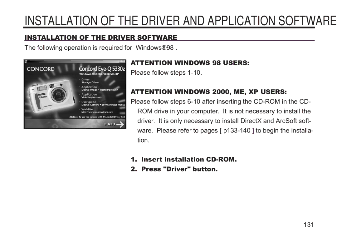 Concord Camera 5330z manual Installation of the Driver Software, Insert installation CD-ROM Press Driver button 