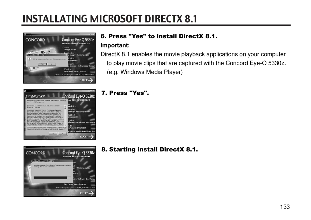 Concord Camera 5330z manual Press Yes to install DirectX, Press Yes Starting install DirectX 