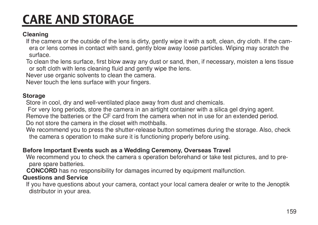 Concord Camera 5330z manual Care and Storage, Cleaning, Questions and Service 