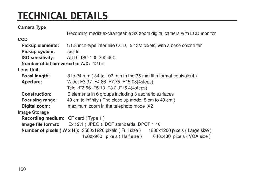 Concord Camera 5330z manual Technical Details, Ccd 