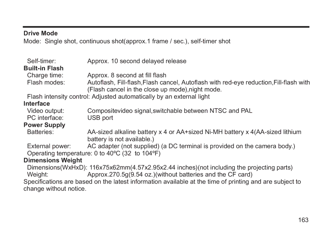 Concord Camera 5330z manual Drive Mode, Built-in Flash, Interface, Power Supply, Dimensions Weight 