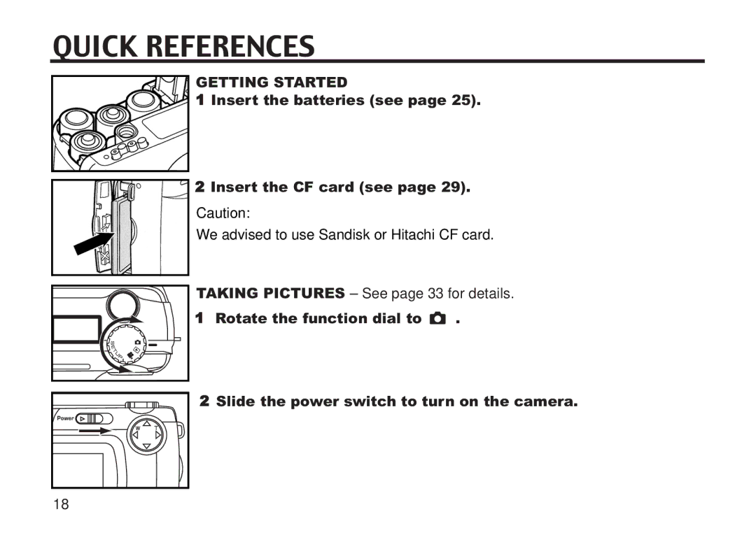 Concord Camera 5330z manual Quick References, Getting Started, Insert the batteries see Insert the CF card see 