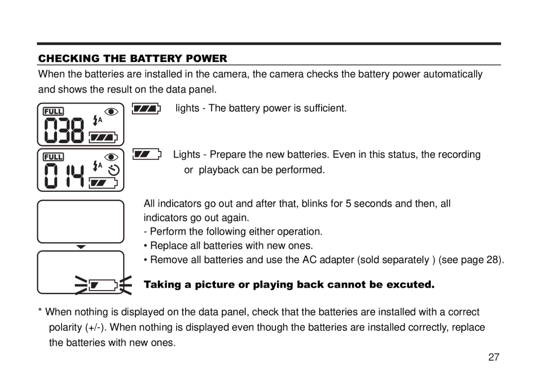 Concord Camera 5330z manual Checking the Battery Power, Taking a picture or playing back cannot be excuted 