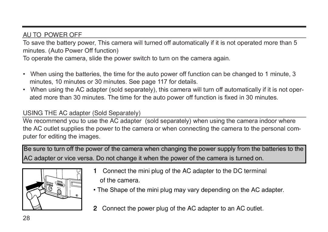 Concord Camera 5330z manual Auto Power OFF, Using the AC adapter Sold Separately 