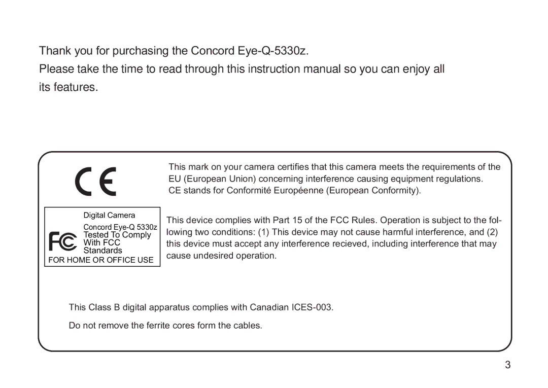 Concord Camera 5330z manual Tested To Comply With FCC Standards 