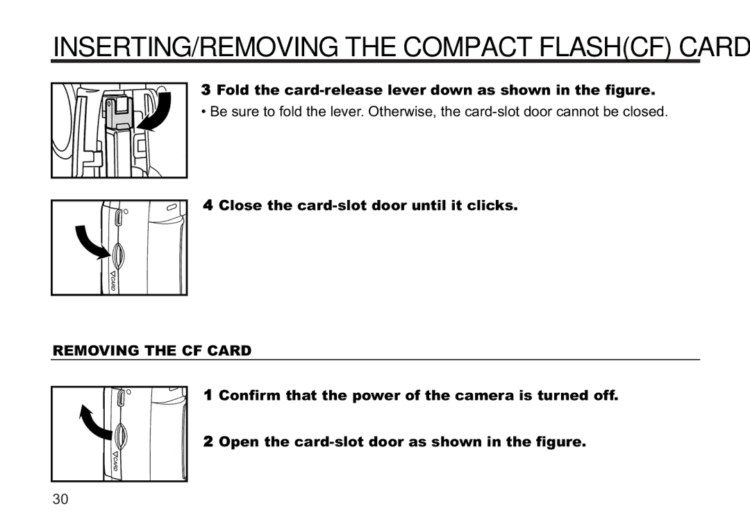 Concord Camera 5330z Fold the card-release lever down as shown in the figure, Close the card-slot door until it clicks 