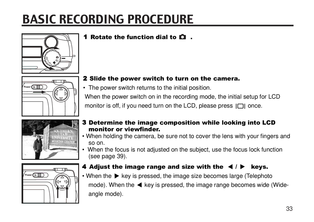 Concord Camera 5330z manual Basic Recording Procedure, Adjust the image range and size with the / keys 