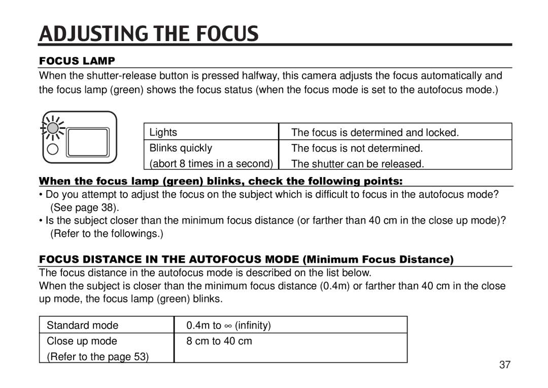 Concord Camera 5330z manual Adjusting the Focus, Focus Lamp, Focus Distance in the Autofocus Mode Minimum Focus Distance 