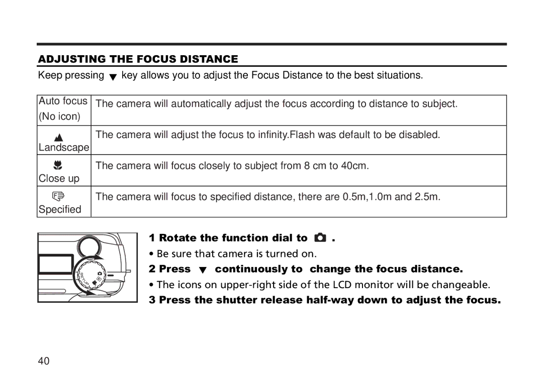 Concord Camera 5330z manual Adjusting the Focus Distance, Press continuously to change the focus distance 