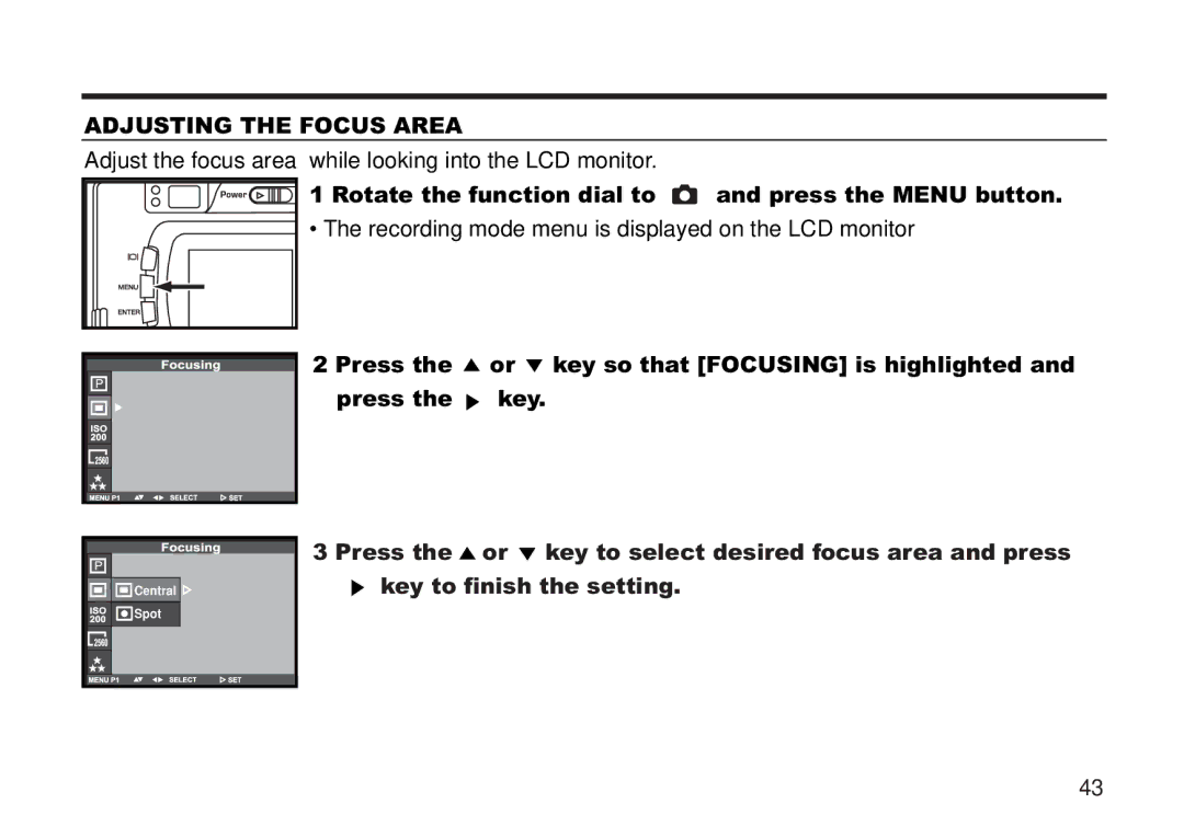 Concord Camera 5330z manual Adjusting the Focus Area, Rotate the function dial to and press the Menu button 