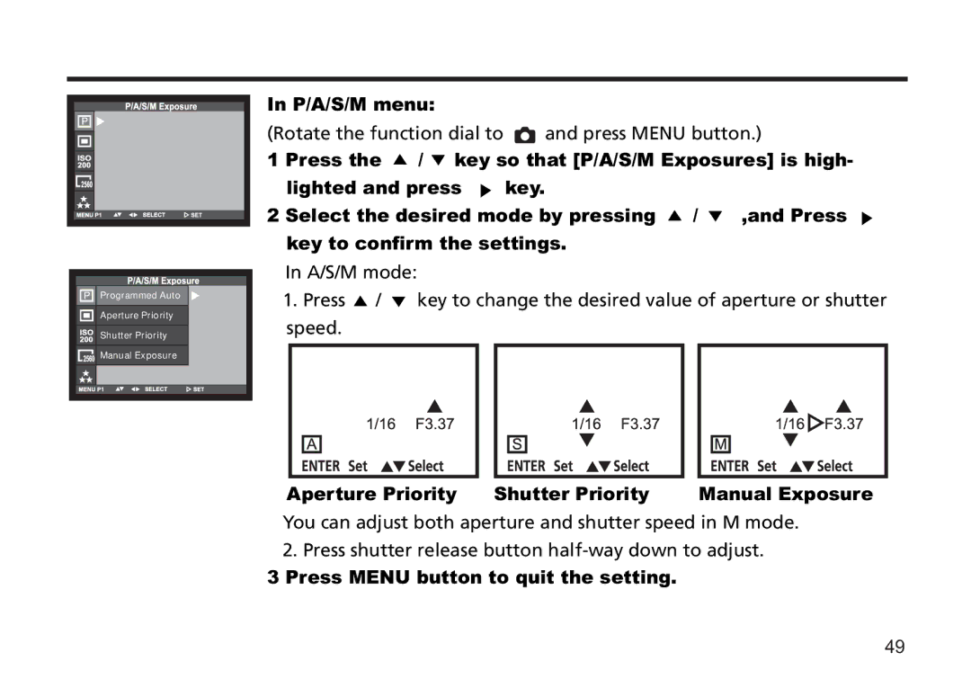 Concord Camera 5330z manual Aperture Priority Shutter Priority, Press Menu button to quit the setting 