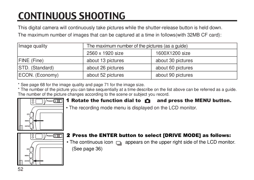 Concord Camera 5330z manual Continuous Shooting, Press the Enter button to select Drive Mode as follows 