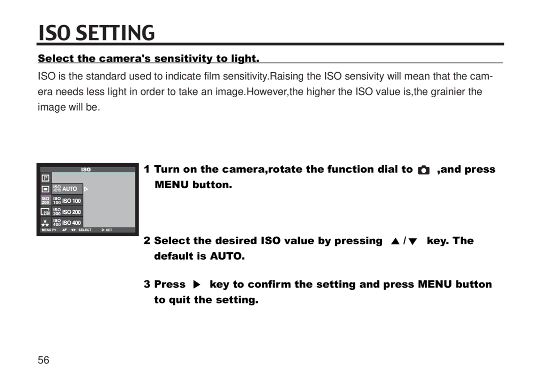 Concord Camera 5330z manual ISO Setting, Select the cameras sensitivity to light 
