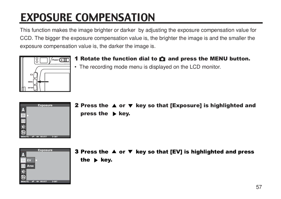 Concord Camera 5330z manual Exposure Compensation, Rotate the function dial to and press the Menu button 