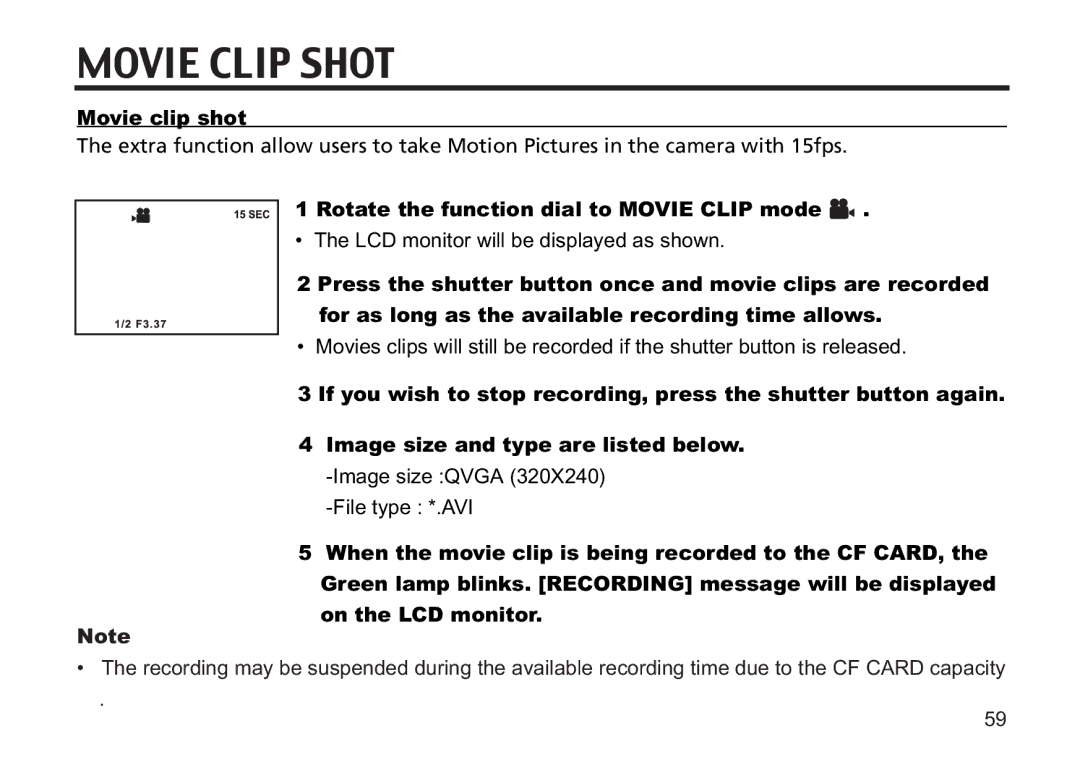 Concord Camera 5330z manual Movie clip shot, Rotate the function dial to Movie Clip mode 