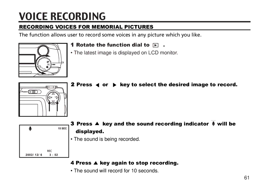 Concord Camera 5330z manual Voice Recording, Recording Voices for Memorial Pictures, Press key again to stop recording 