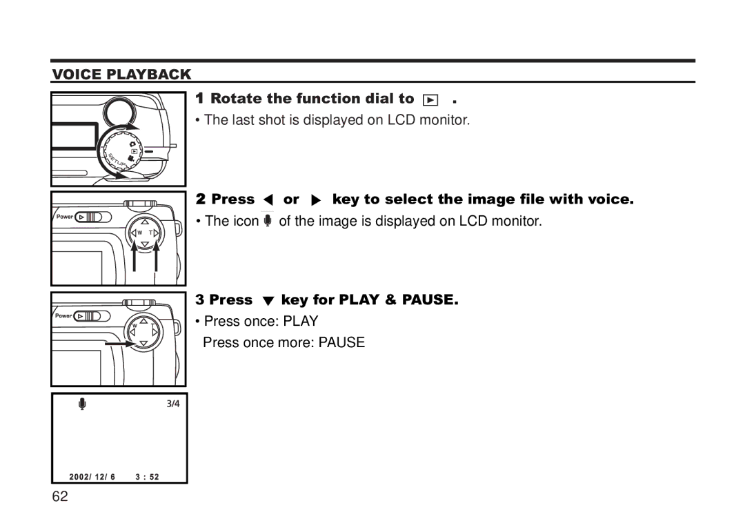 Concord Camera 5330z manual Voice Playback, Press or key to select the image file with voice, Press key for Play & Pause 