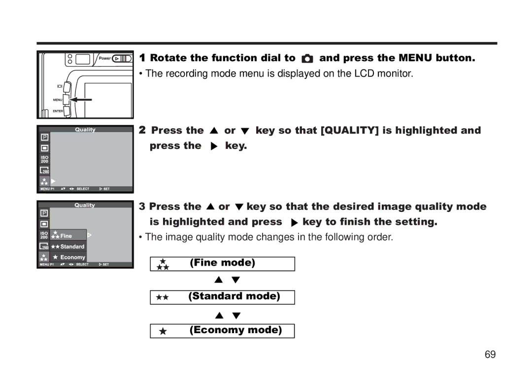 Concord Camera 5330z manual Rotate the function dial to and press the Menu button, Fine mode Standard mode Economy mode 